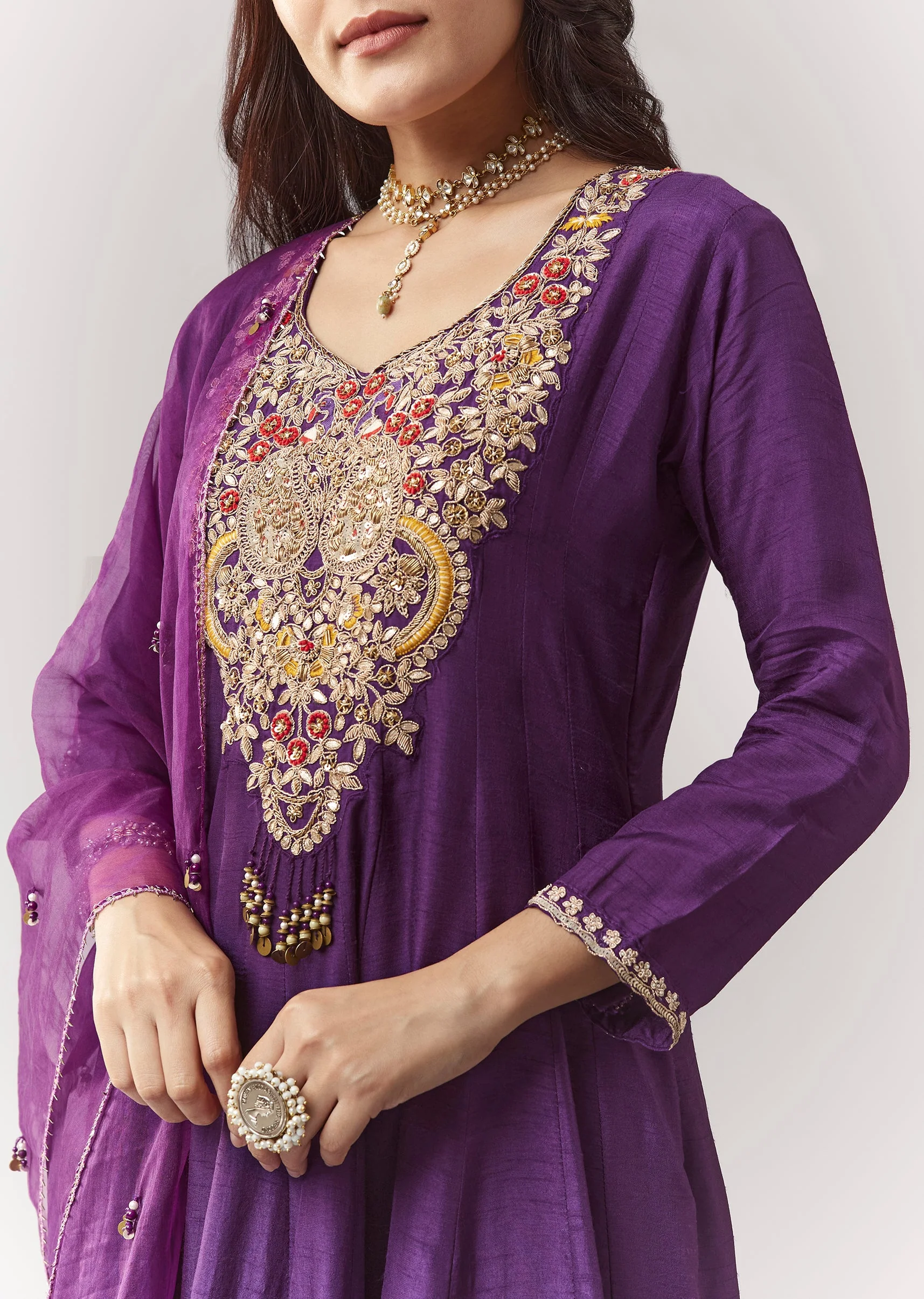 Purple Zardosi V-Neck Anarkali Pant Set With Dupatta