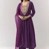 Purple Zardosi V-Neck Anarkali Pant Set With Dupatta