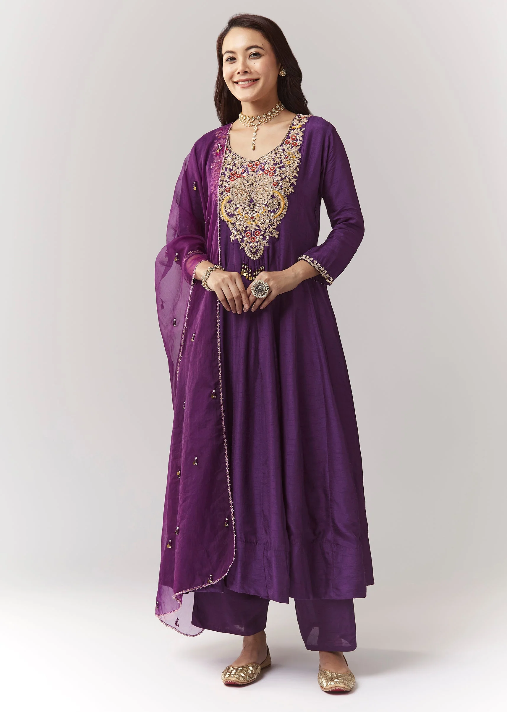 Purple Zardosi V-Neck Anarkali Pant Set With Dupatta
