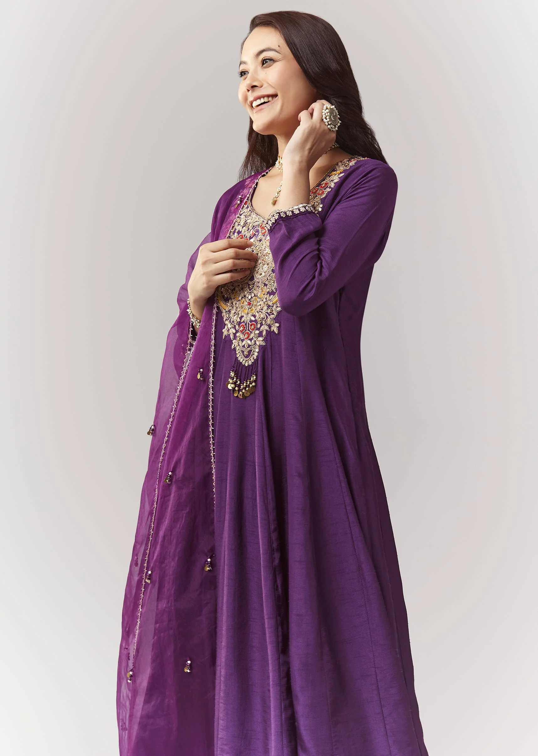 Purple Zardosi V-Neck Anarkali Pant Set With Dupatta