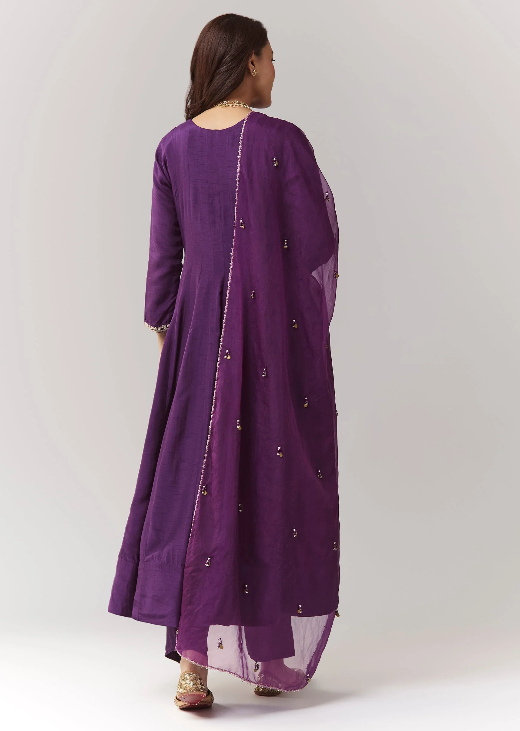 Purple Zardosi V-Neck Anarkali Pant Set With Dupatta