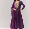 Purple Zardosi V-Neck Anarkali Pant Set With Dupatta