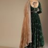 Bottle Green Anarkali Suit In Silk With Zari And Sequins Embroidered Floral Jaal And A Beige Organza Dupatta