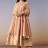 Peach Zardosi Tissue Anarkali Suit Set With Pant And Dupatta