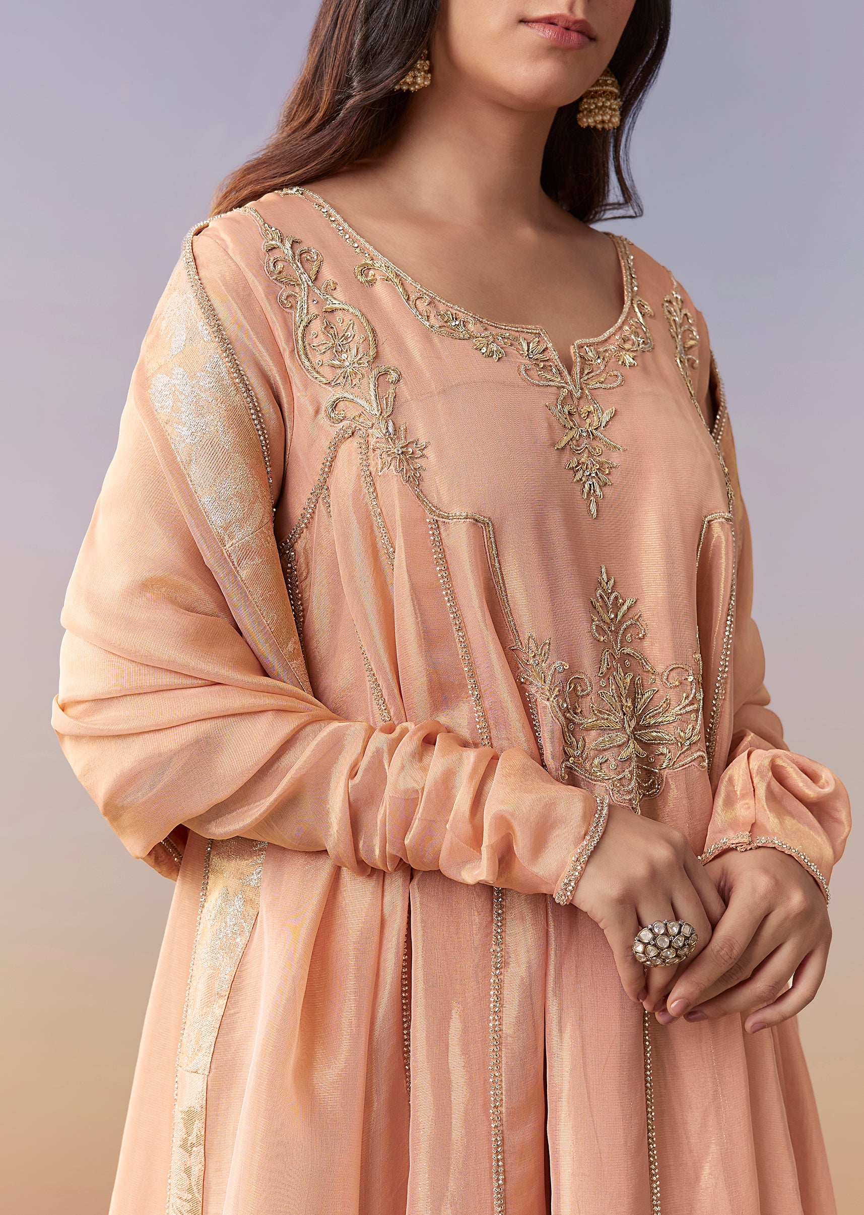 Peach Zardosi Tissue Anarkali Suit Set With Pant And Dupatta