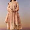 Peach Zardosi Tissue Anarkali Suit Set With Pant And Dupatta