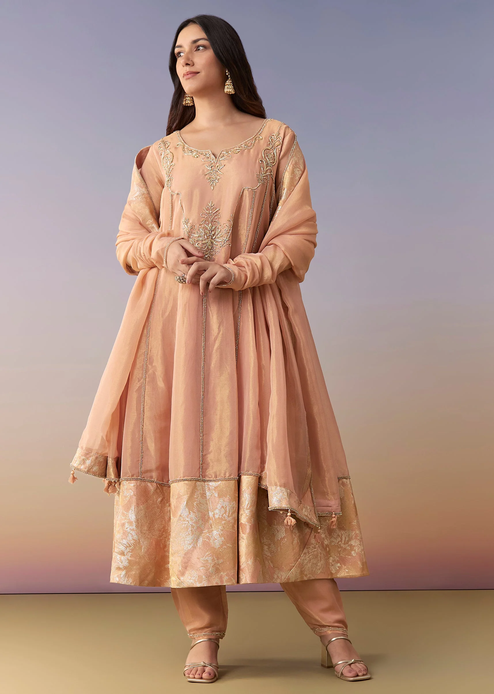 Peach Zardosi Tissue Anarkali Suit Set With Pant And Dupatta