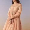 Peach Zardosi Tissue Anarkali Suit Set With Pant And Dupatta