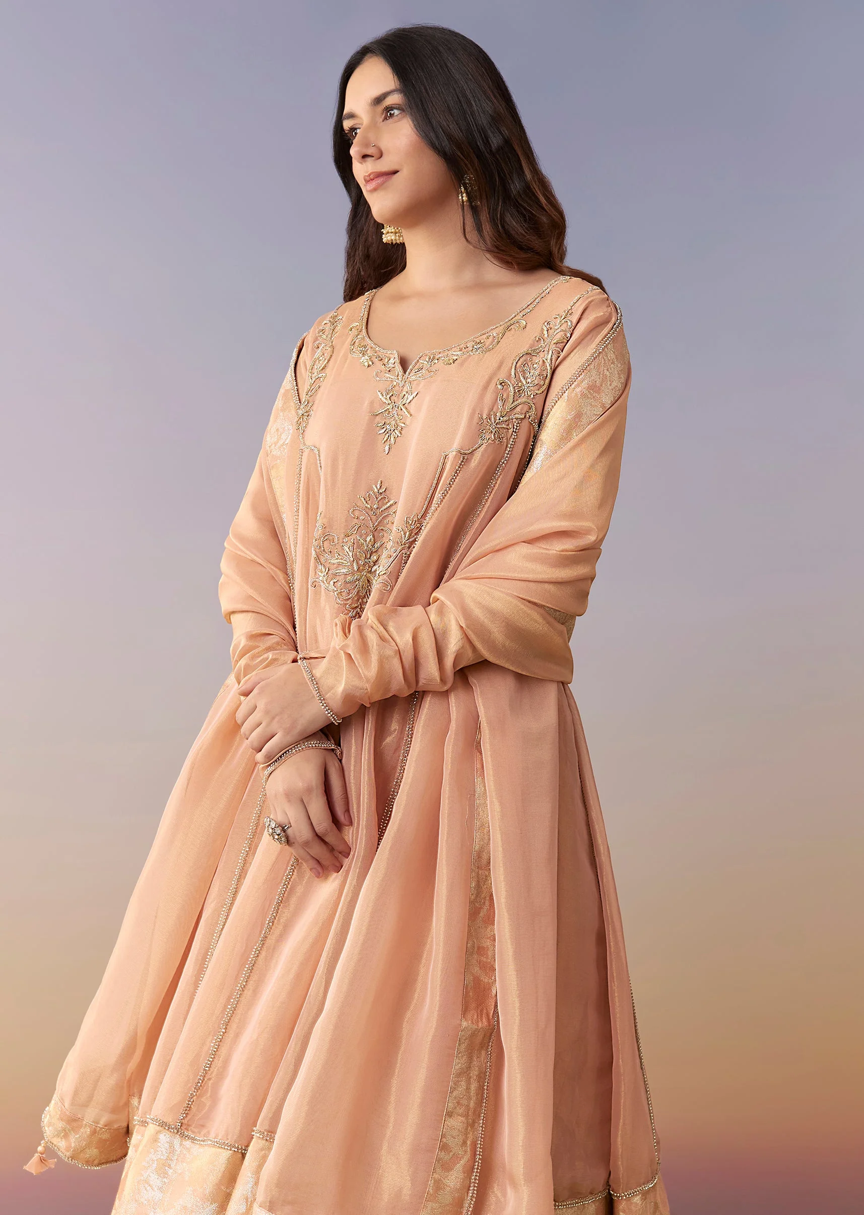 Peach Zardosi Tissue Anarkali Suit Set With Pant And Dupatta