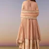 Peach Zardosi Tissue Anarkali Suit Set With Pant And Dupatta