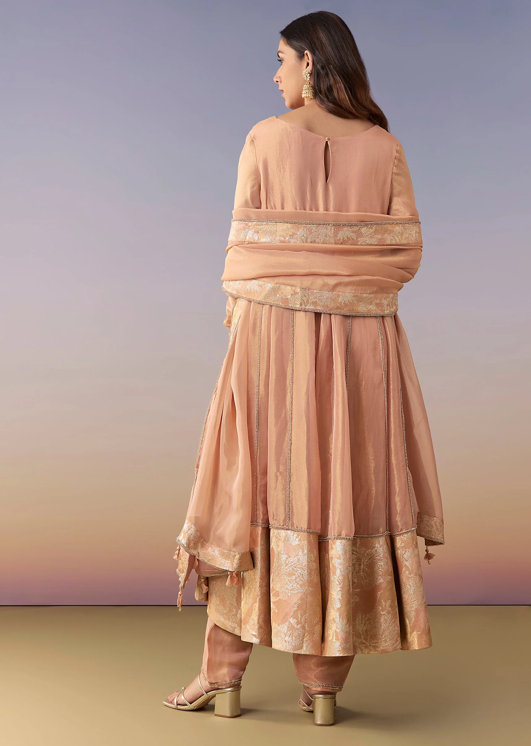 Peach Zardosi Tissue Anarkali Suit Set With Pant And Dupatta