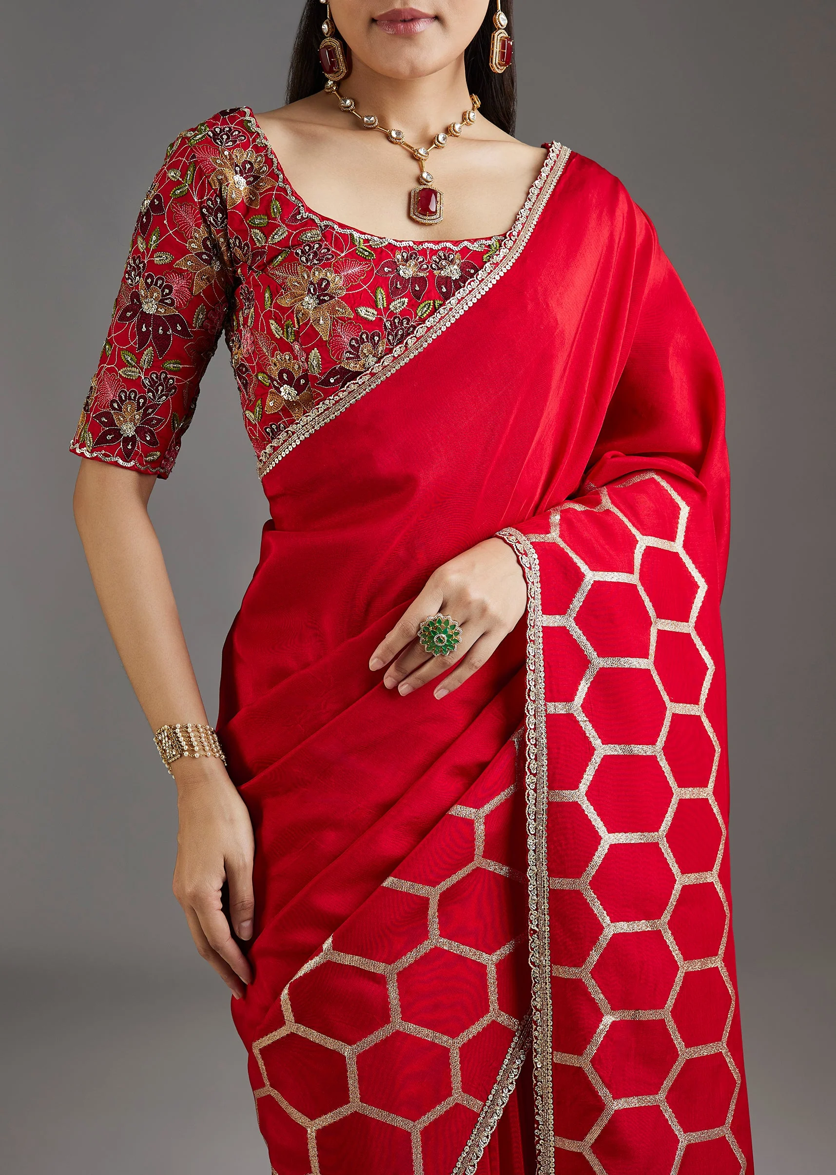 Red Dola Silk Saree With Ready Stitched Blouse