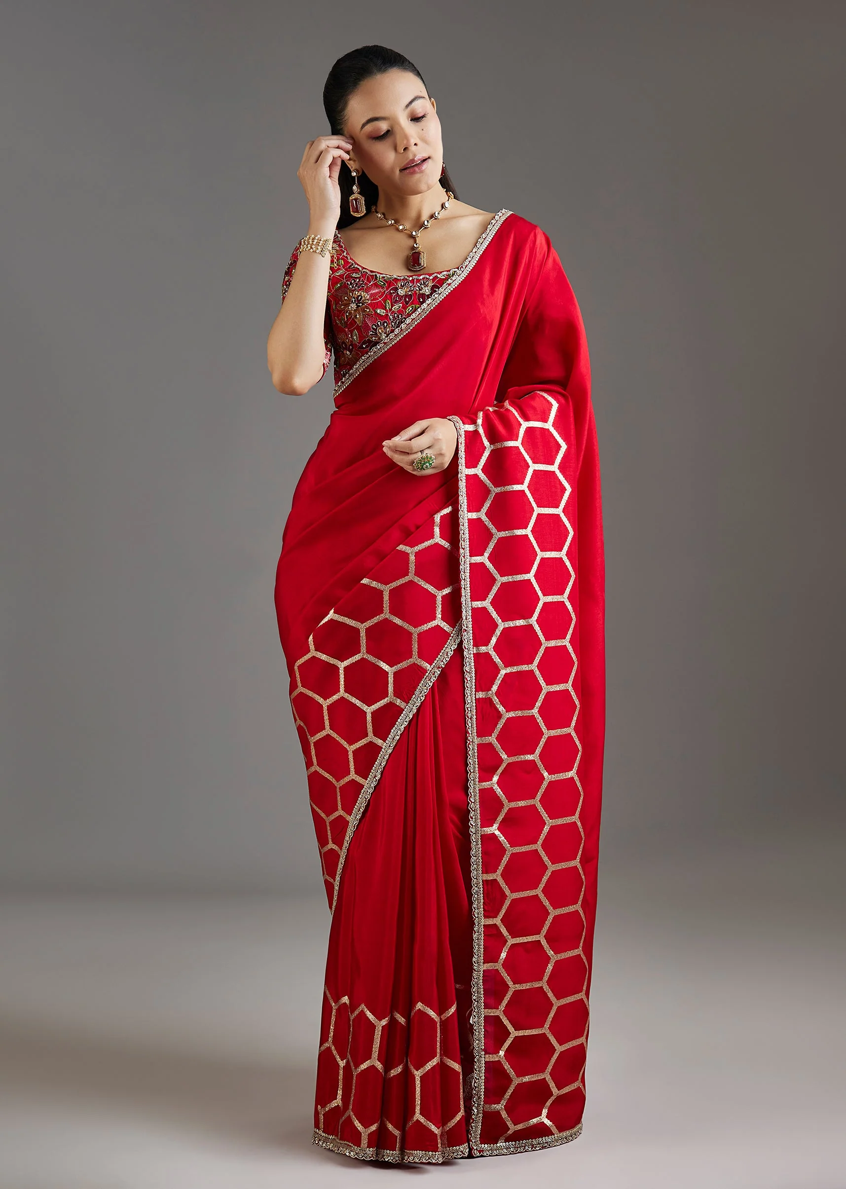 Red Dola Silk Saree With Ready Stitched Blouse