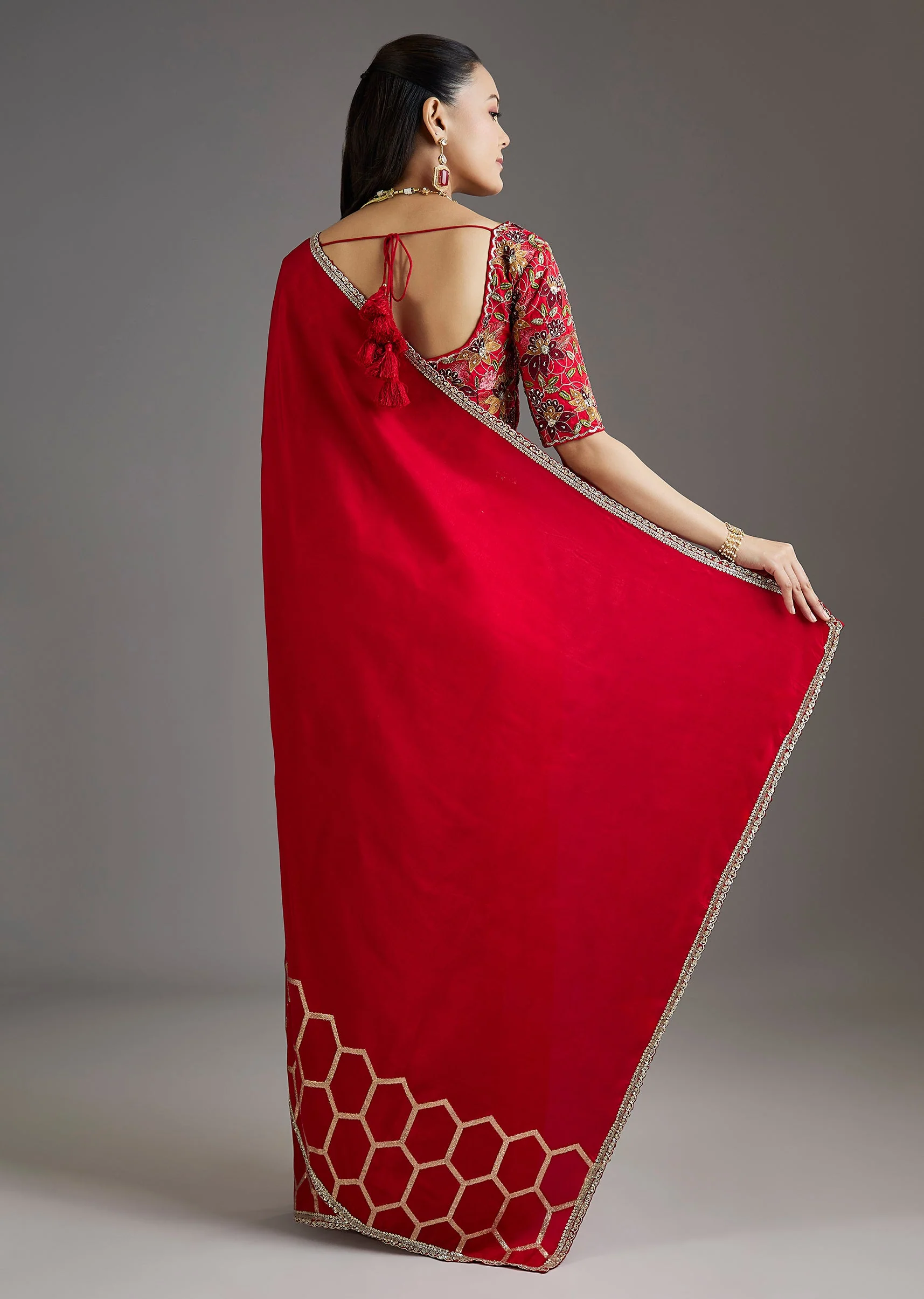 Red Dola Silk Saree With Ready Stitched Blouse