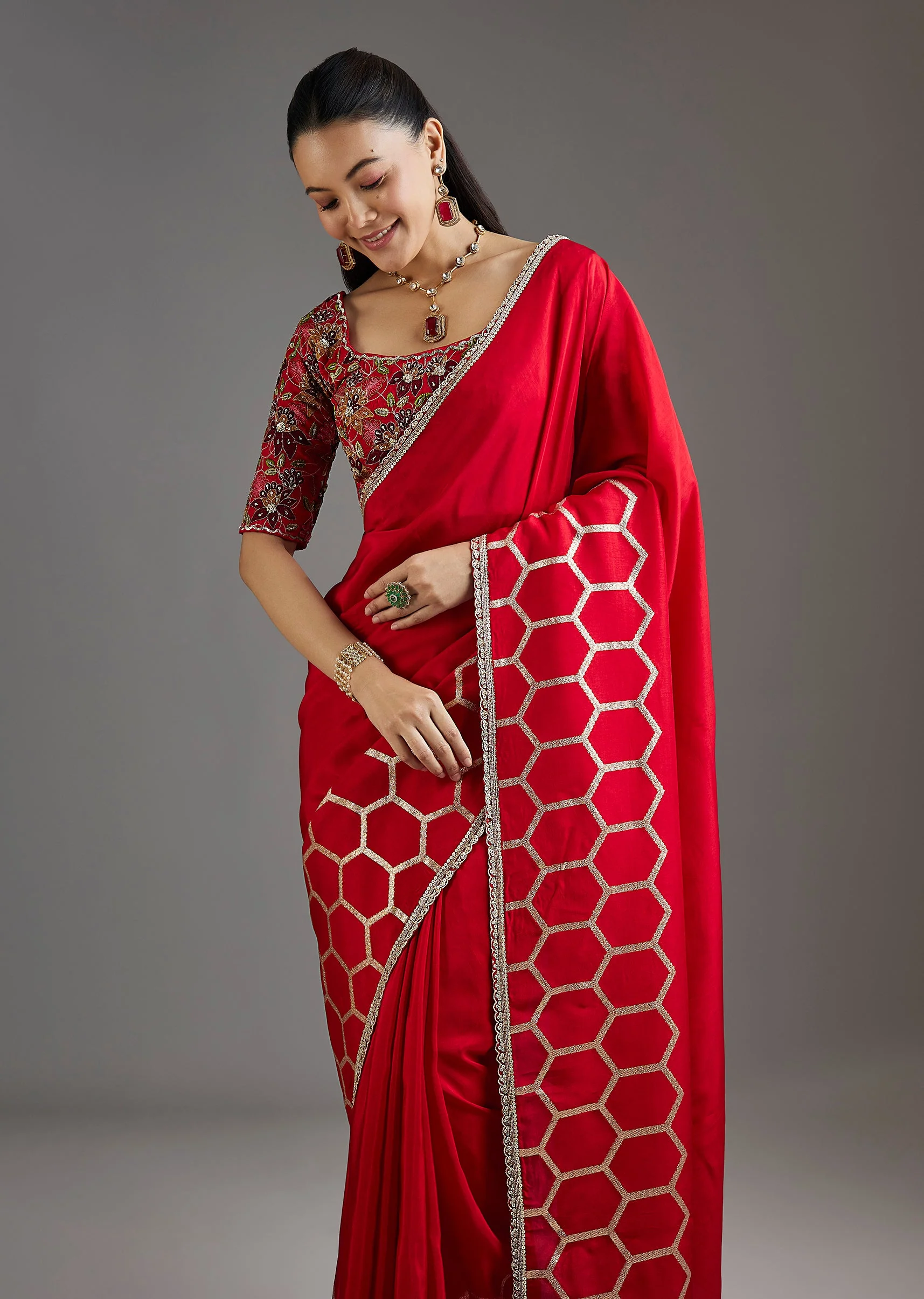 Red Dola Silk Saree With Ready Stitched Blouse