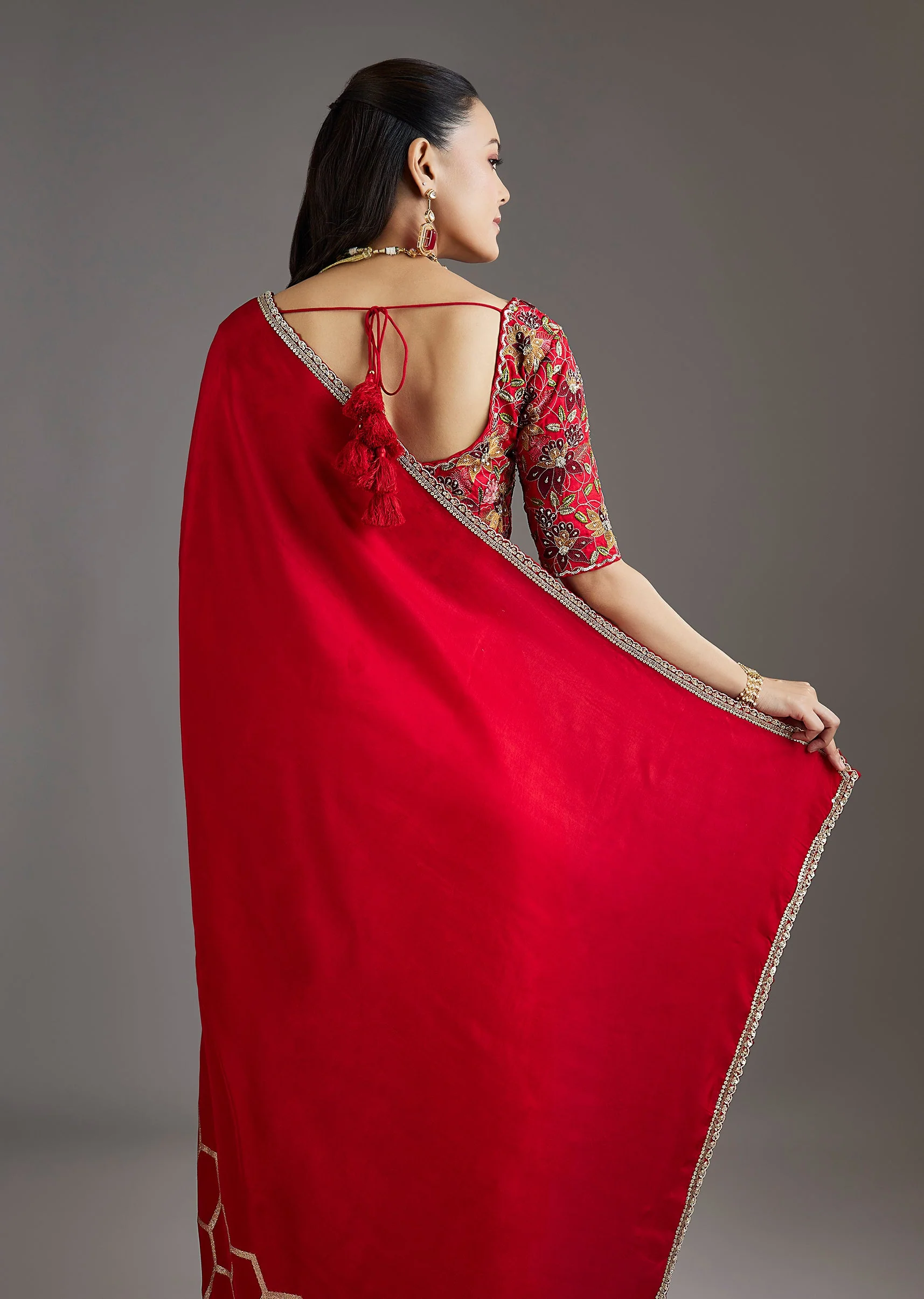 Red Dola Silk Saree With Ready Stitched Blouse