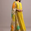 Yellow Embroidered Anarkali With Floral Printed Organza Dupatta