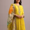Yellow Embroidered Anarkali With Floral Printed Organza Dupatta