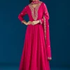 Pink Embroidered Chinon Anarkali Suit With Dupatta