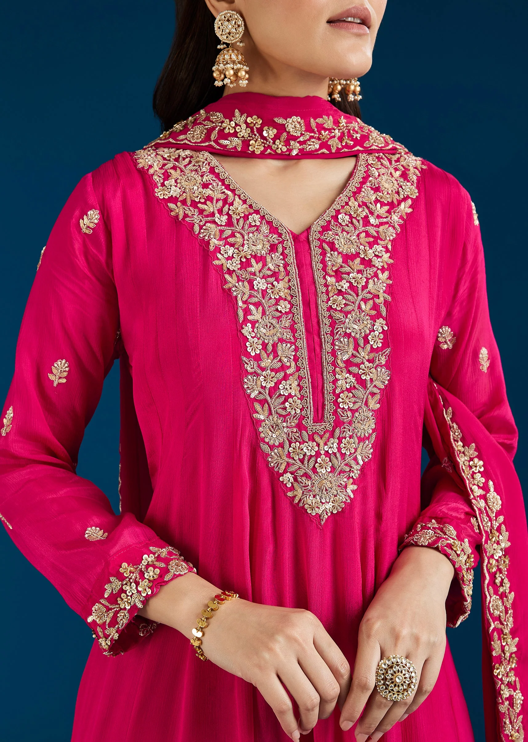Pink Embroidered Chinon Anarkali Suit With Dupatta