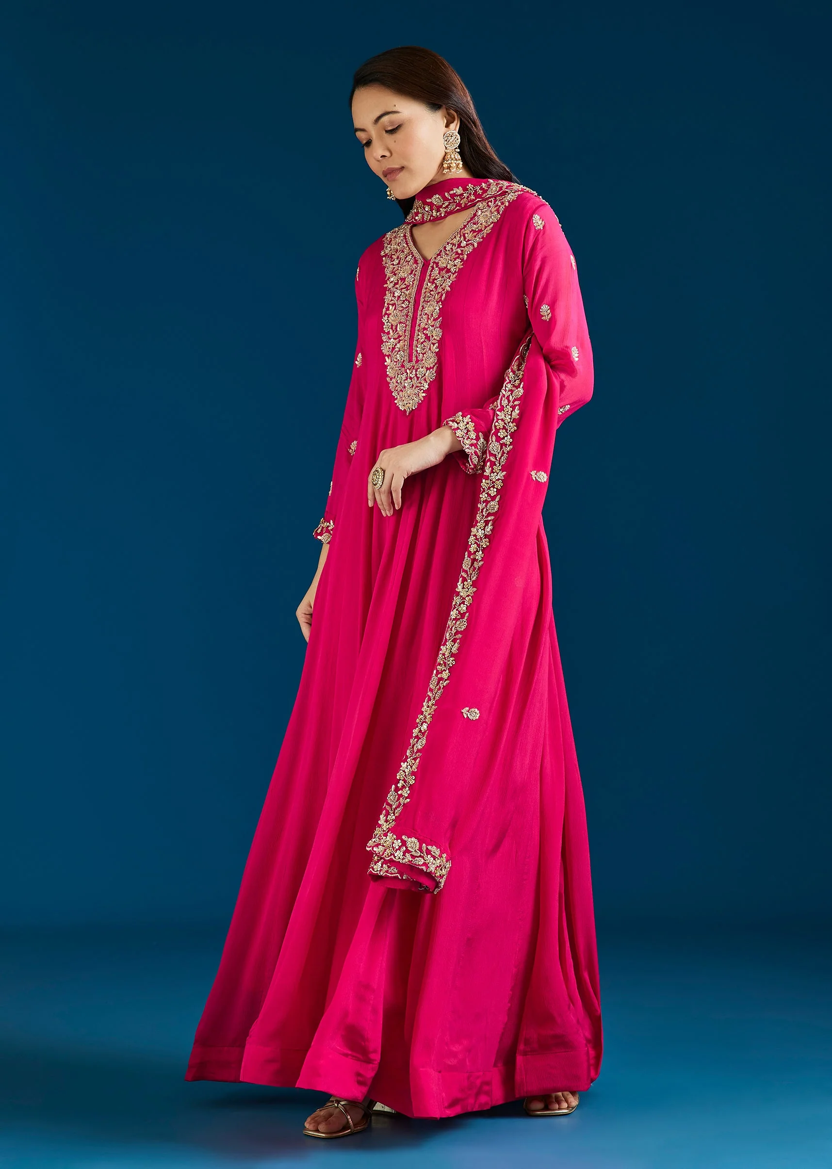 Pink Embroidered Chinon Anarkali Suit With Dupatta