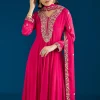 Pink Embroidered Chinon Anarkali Suit With Dupatta