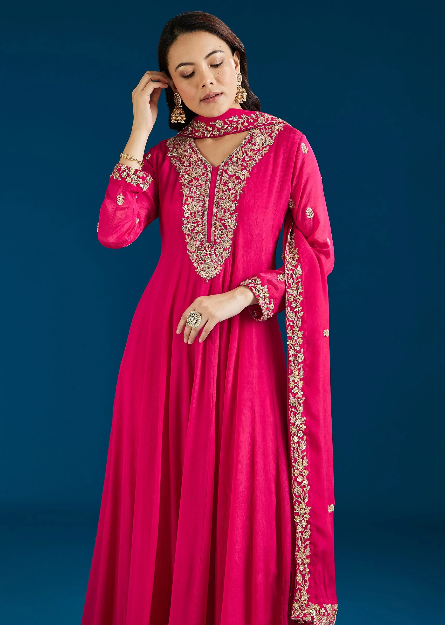 Pink Embroidered Chinon Anarkali Suit With Dupatta