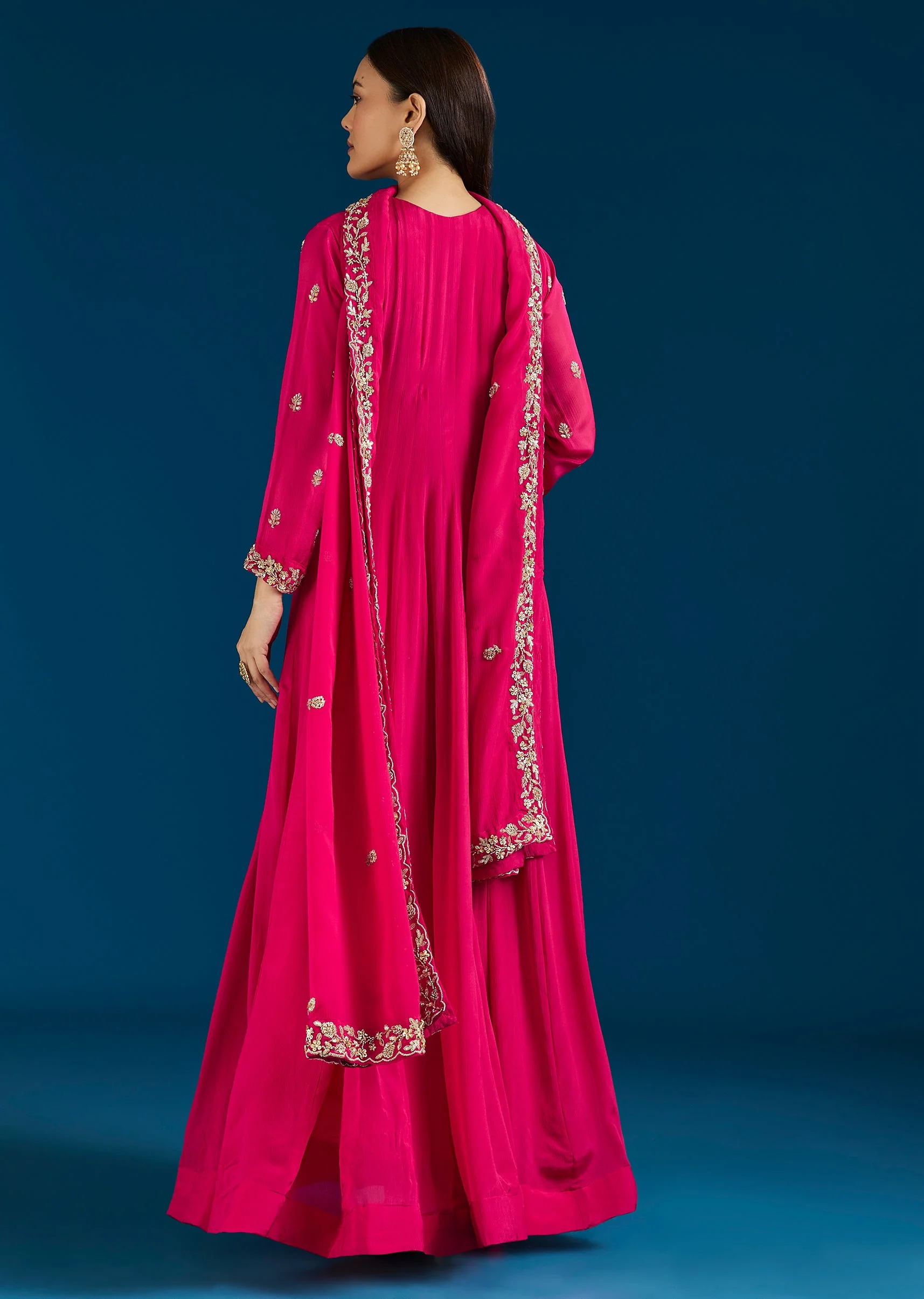 Pink Embroidered Chinon Anarkali Suit With Dupatta