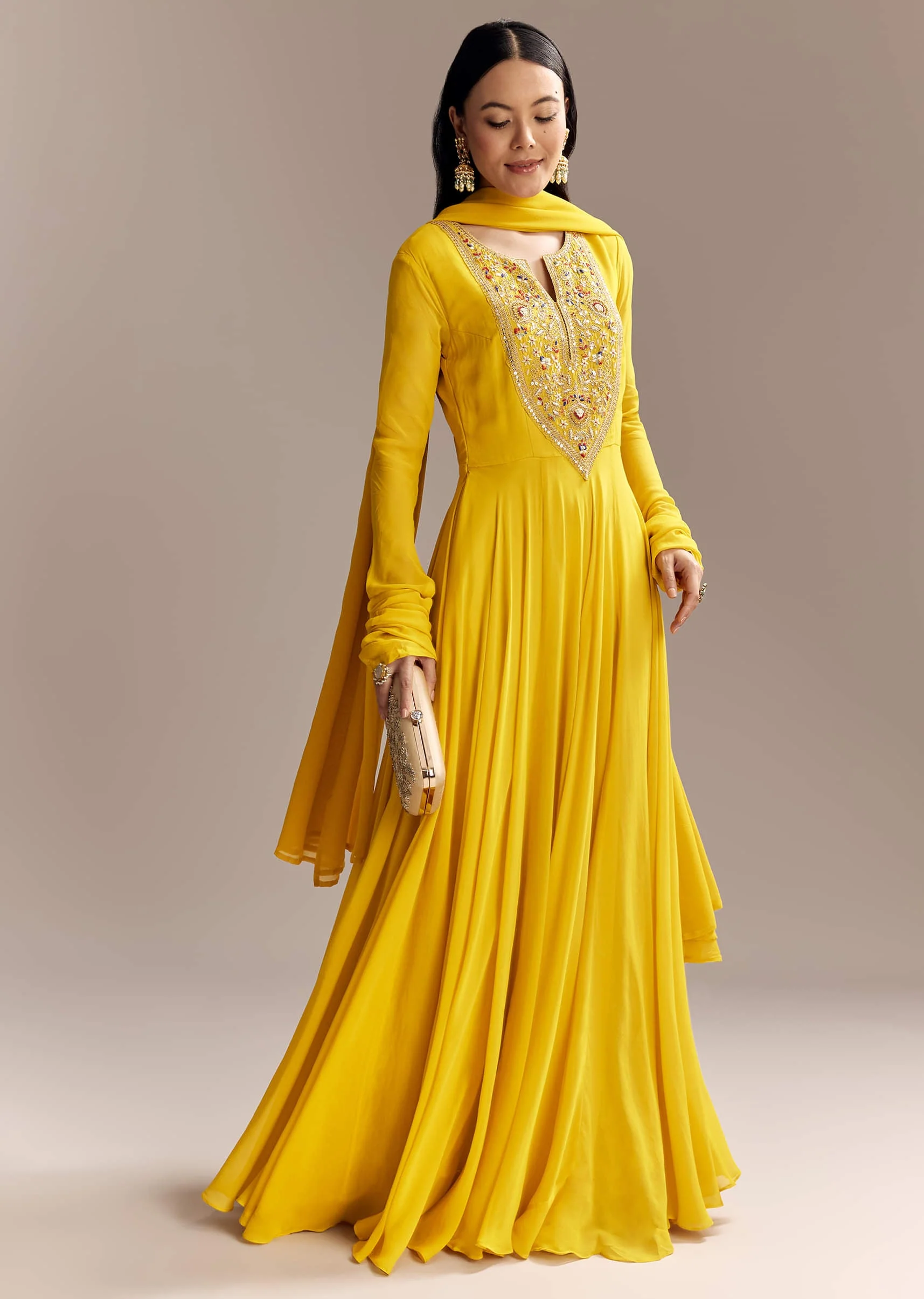 Yellow Georgette Anarkali Suit With Zari And Resham Work