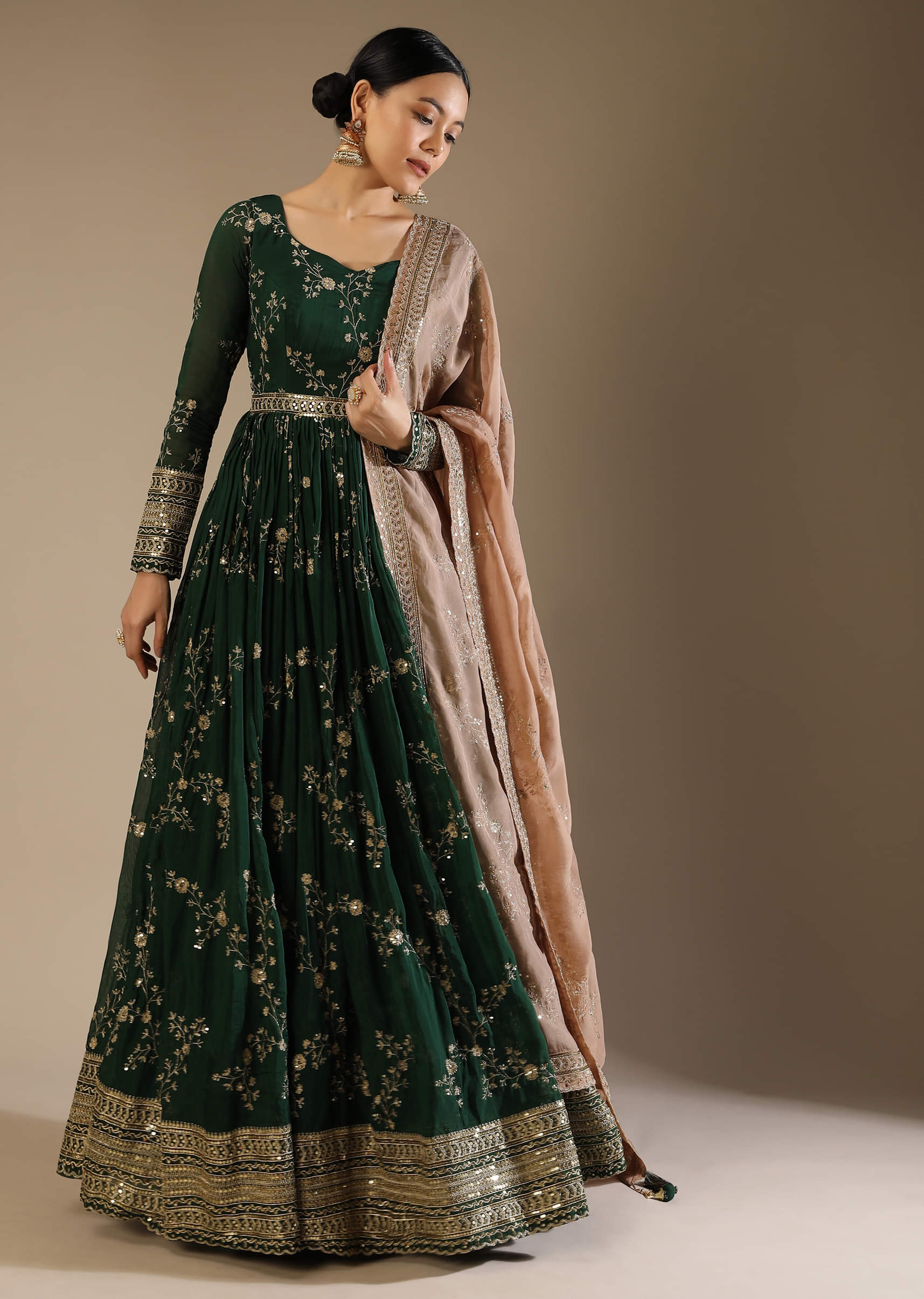 Bottle Green Silk Anarkali Suit With Zari And Sequins Work Along With Embroidered Floral Jaal