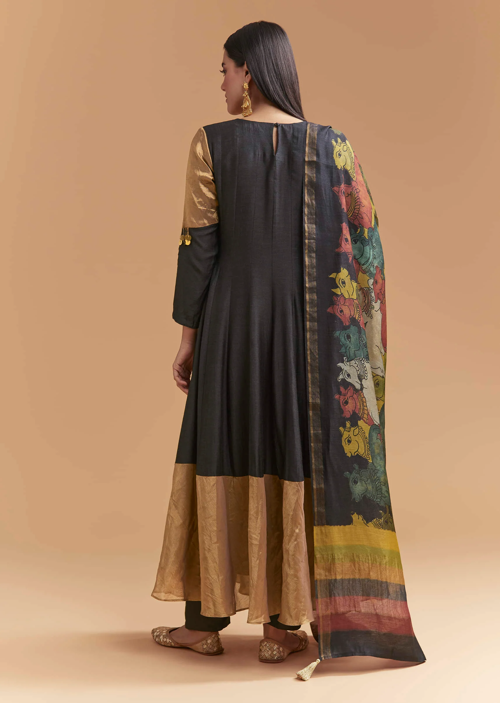 Black Tussar Anarkali Suit With Zardosi And Sequins Hand Embroidery