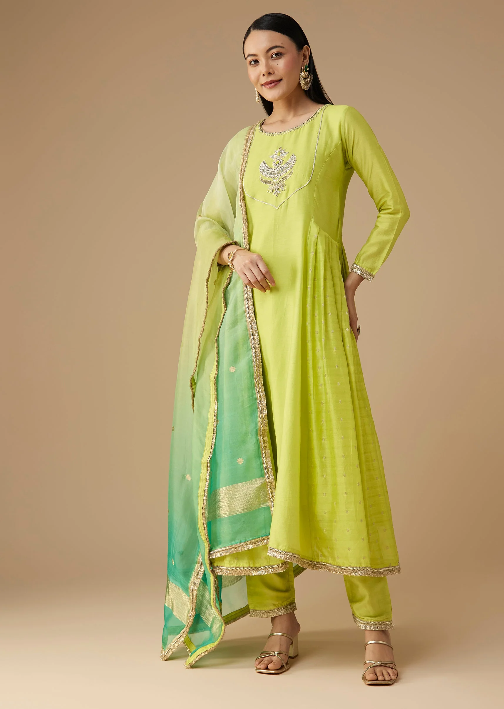 Green Chanderi Zardozi Embellished Anarkali Set