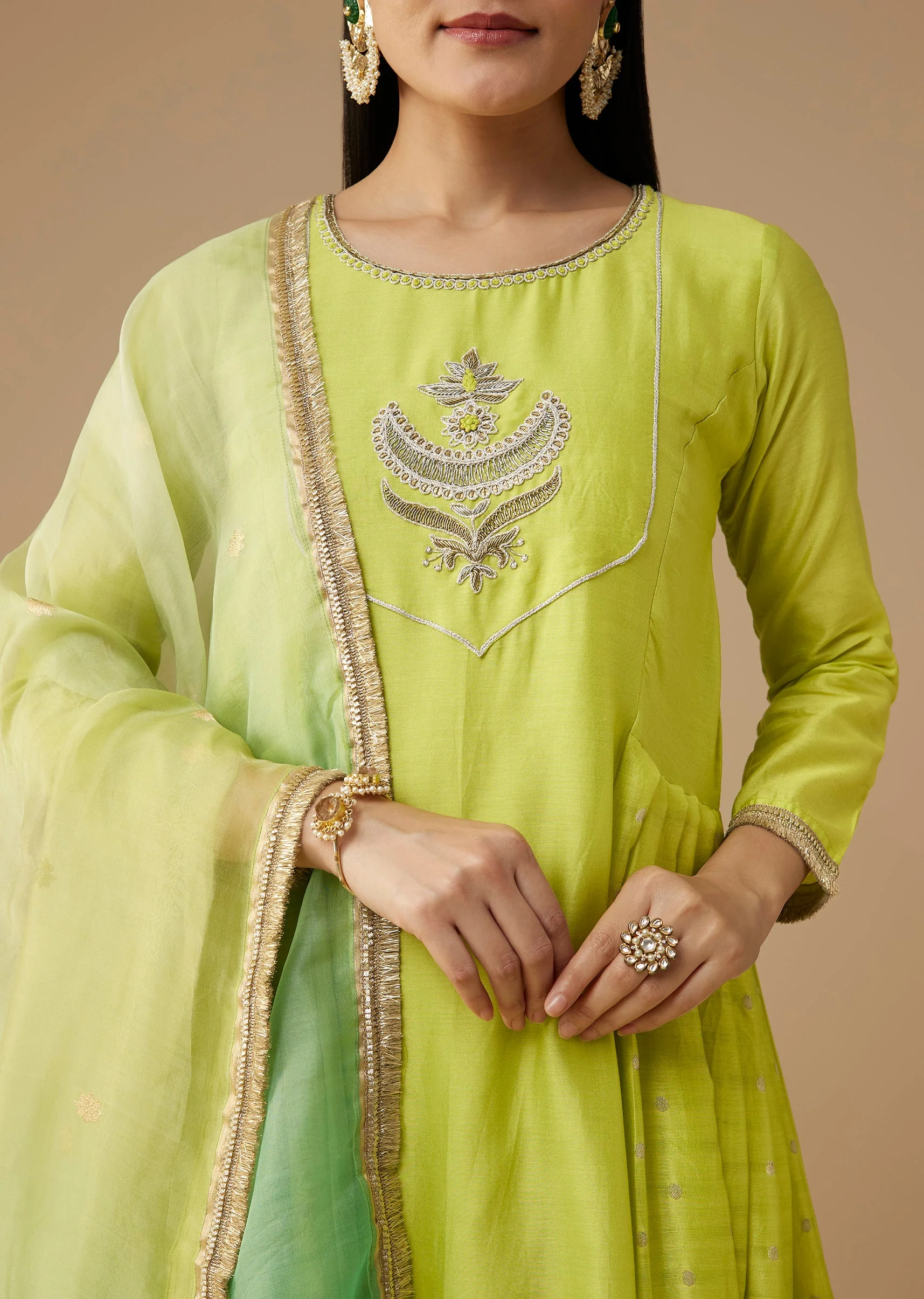 Green Chanderi Zardozi Embellished Anarkali Set