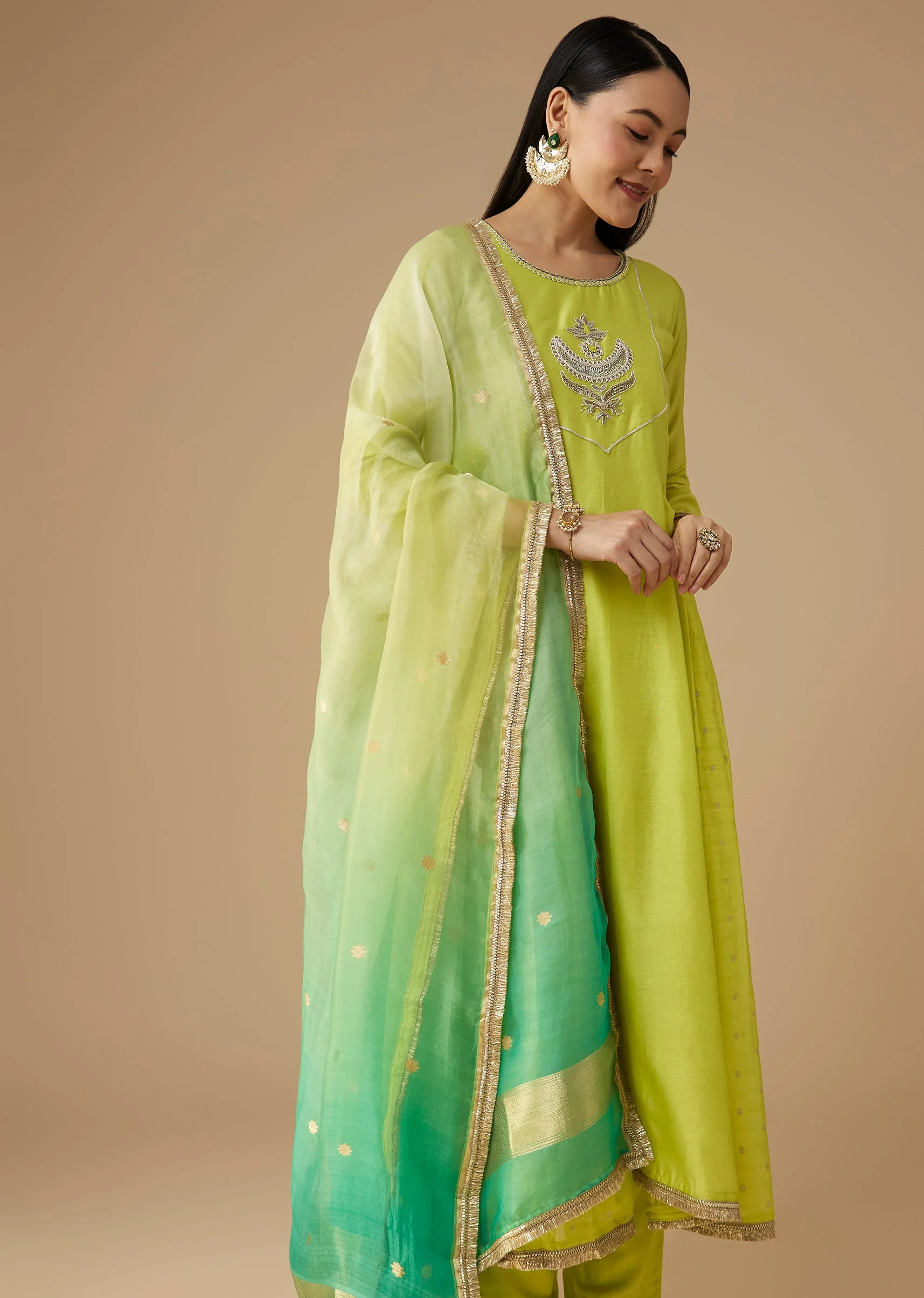 Green Chanderi Zardozi Embellished Anarkali Set