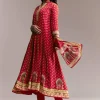 Red Printed Crepe Anarkali Set