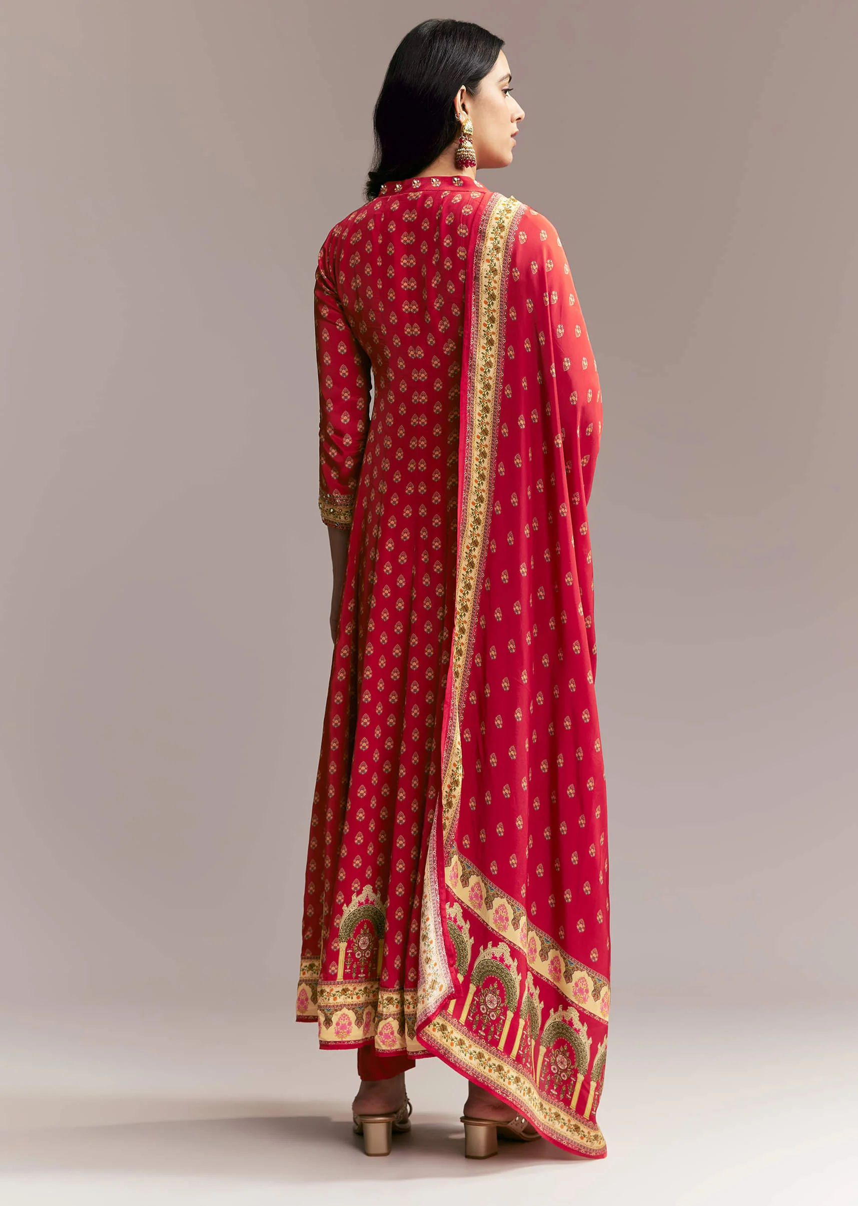 Red Printed Crepe Anarkali Set