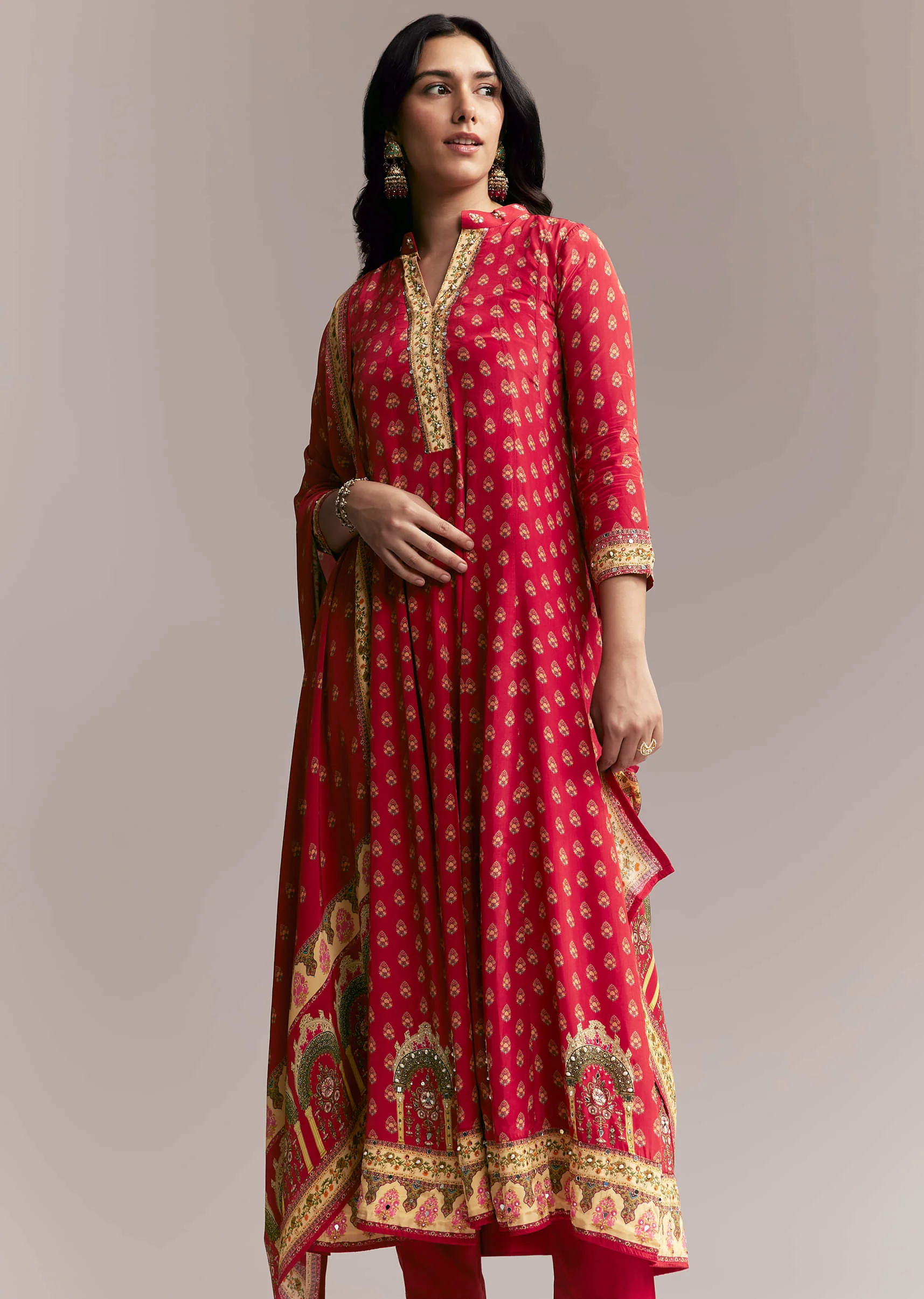 Red Printed Crepe Anarkali Set