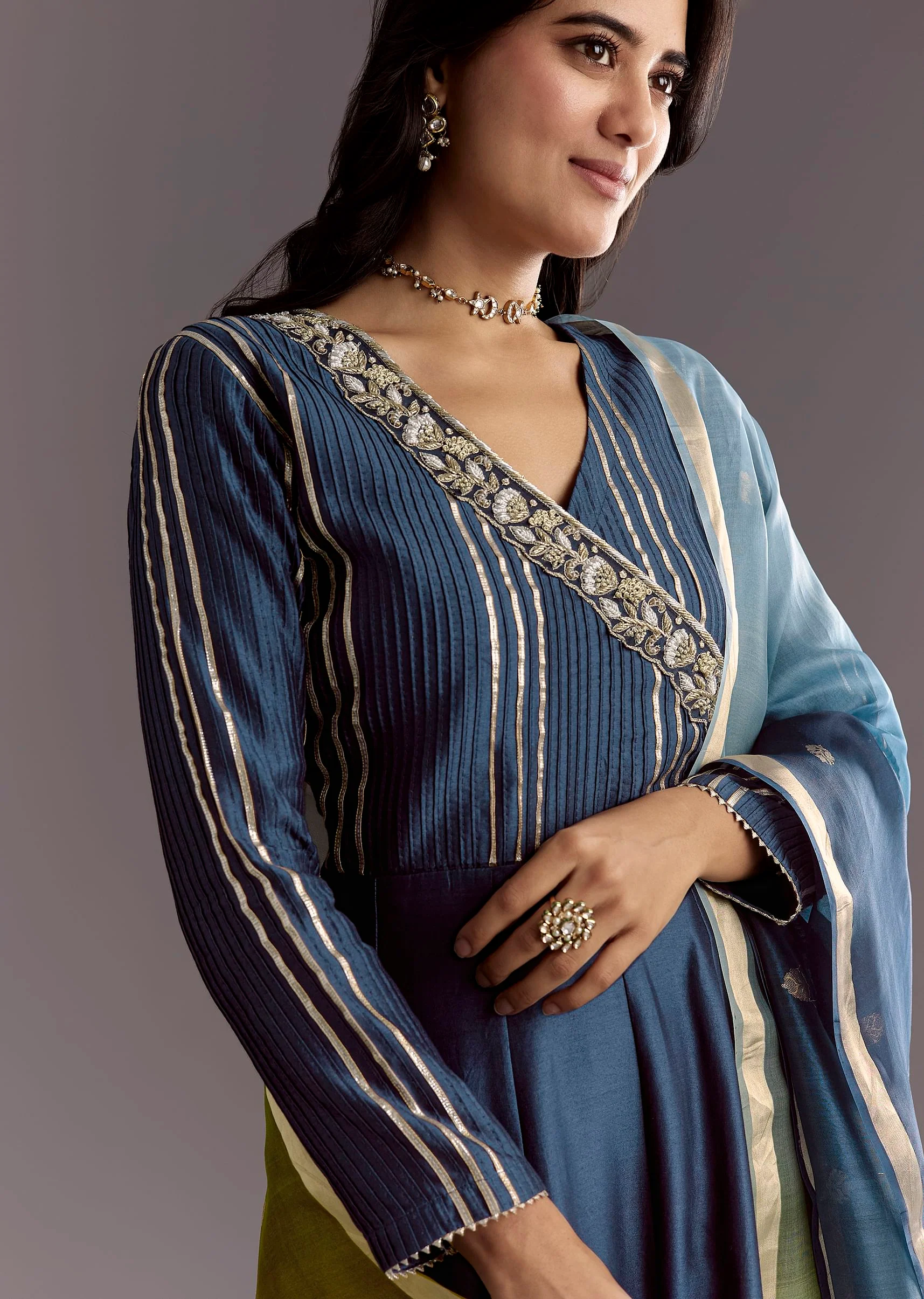 Blue Angrakha Style Anarkali Suit With Butti Work Ombre Dupatta