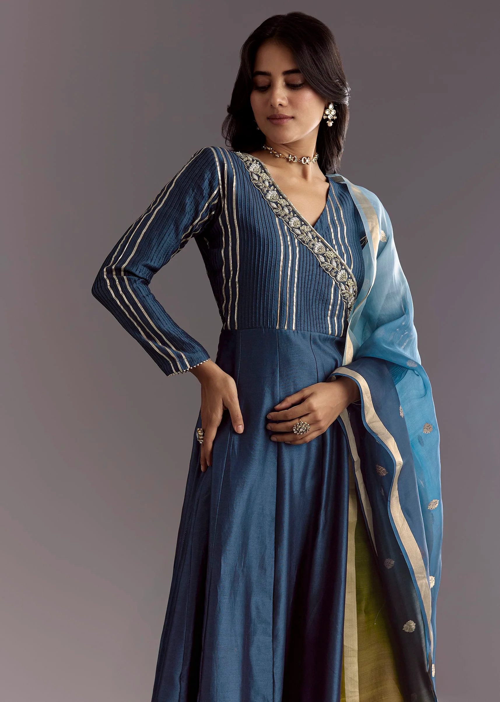 Blue Angrakha Style Anarkali Suit With Butti Work Ombre Dupatta