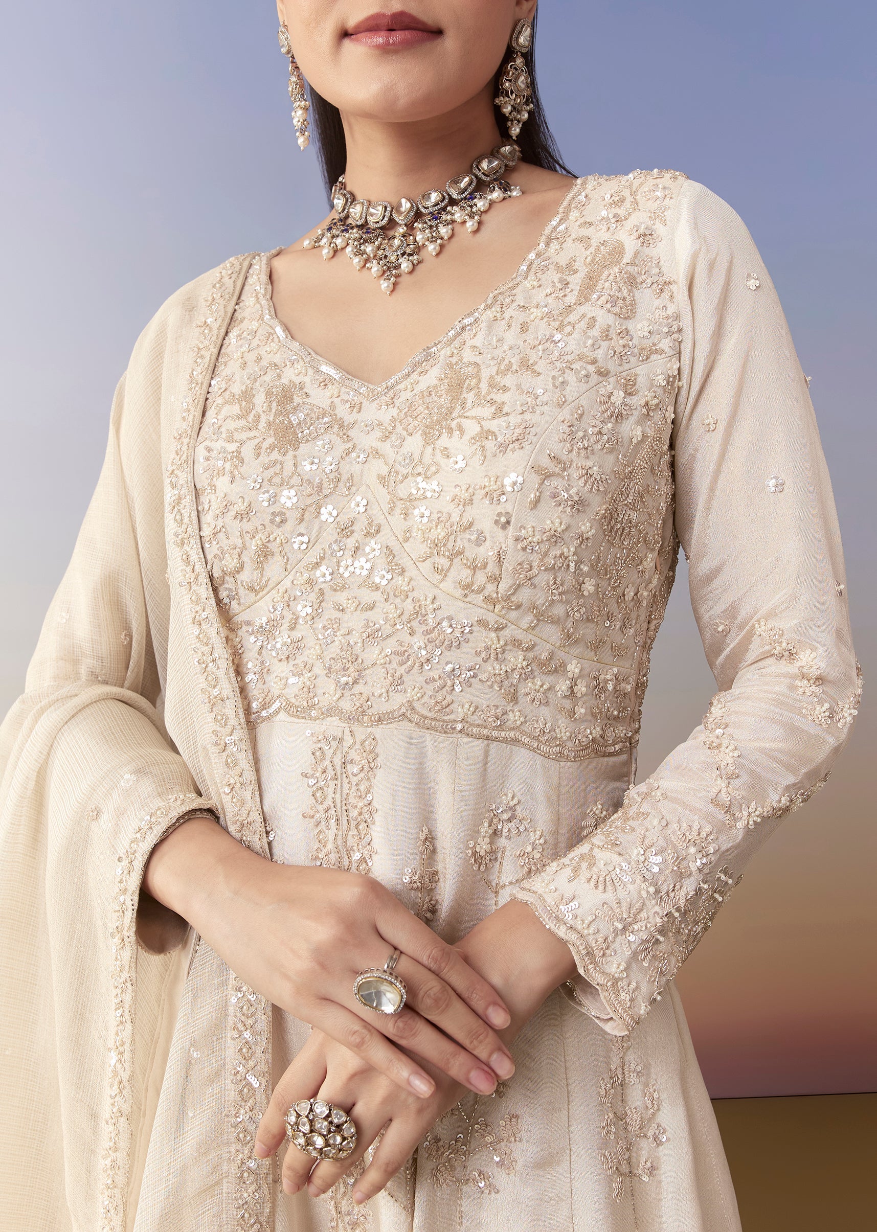 Ivory Anarkali Set with Cutdana Work