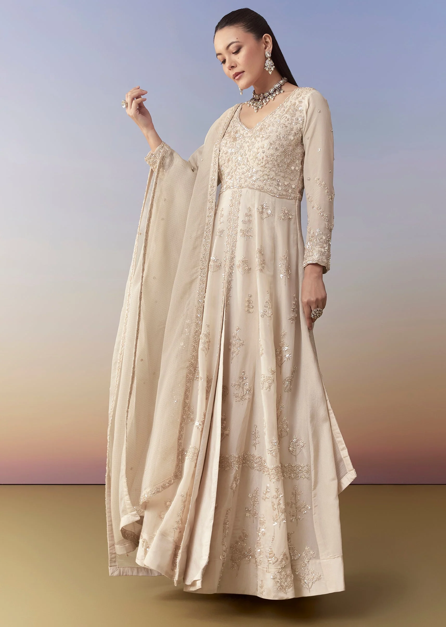 Ivory Anarkali Set with Cutdana Work