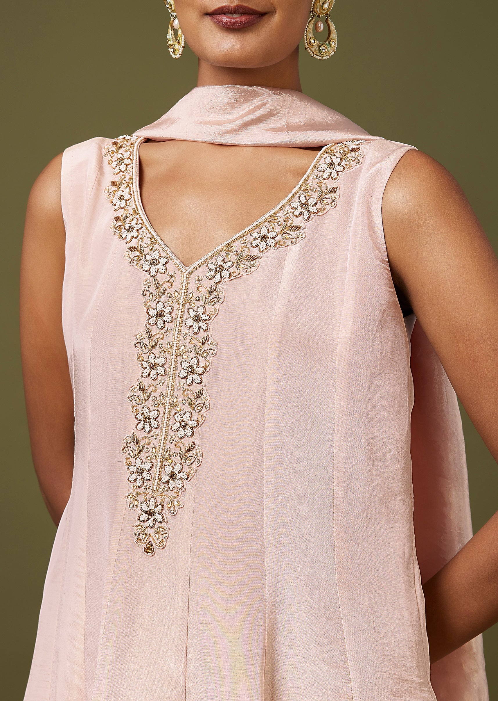 Pink Moti Zardozi Tissue Anarkali Pant Set With Dupatta