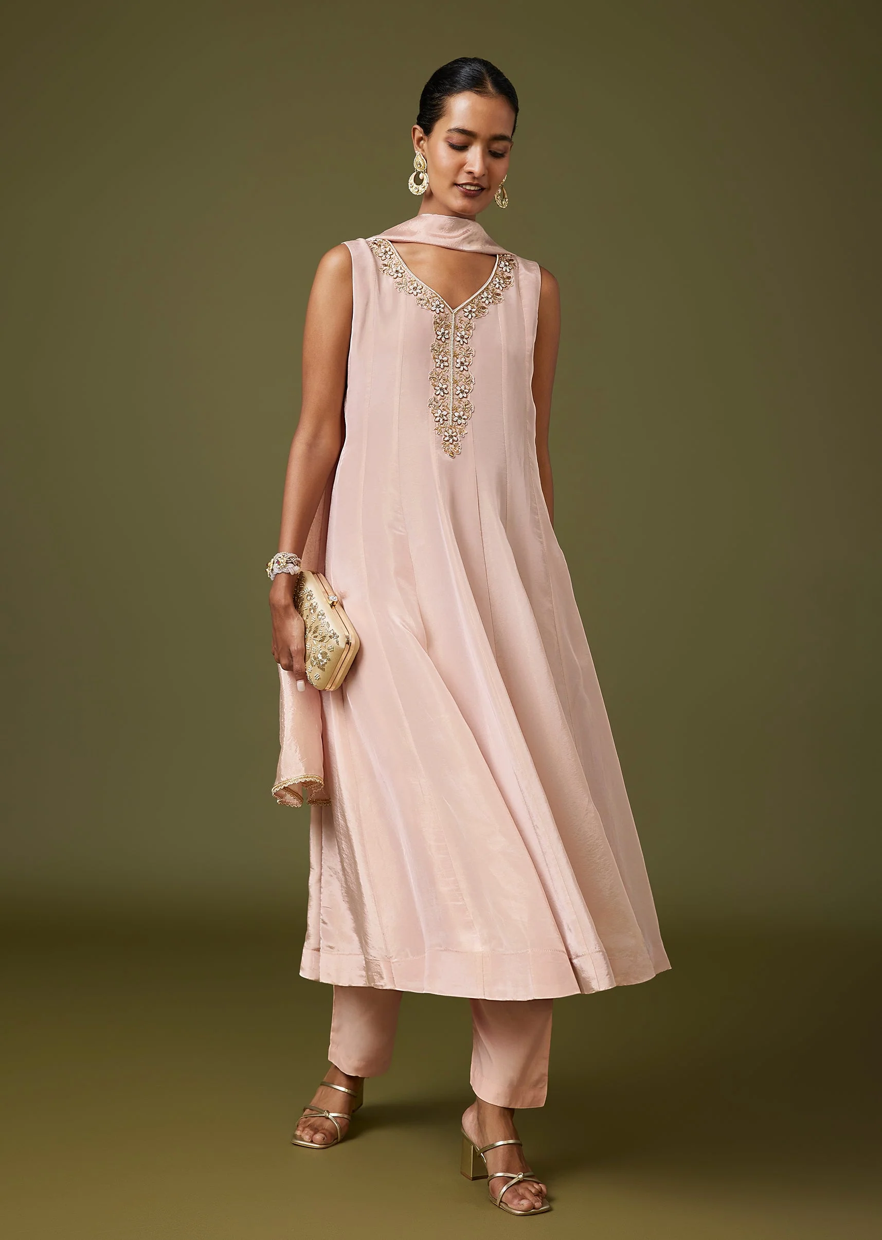 Pink Moti Zardozi Tissue Anarkali Pant Set With Dupatta