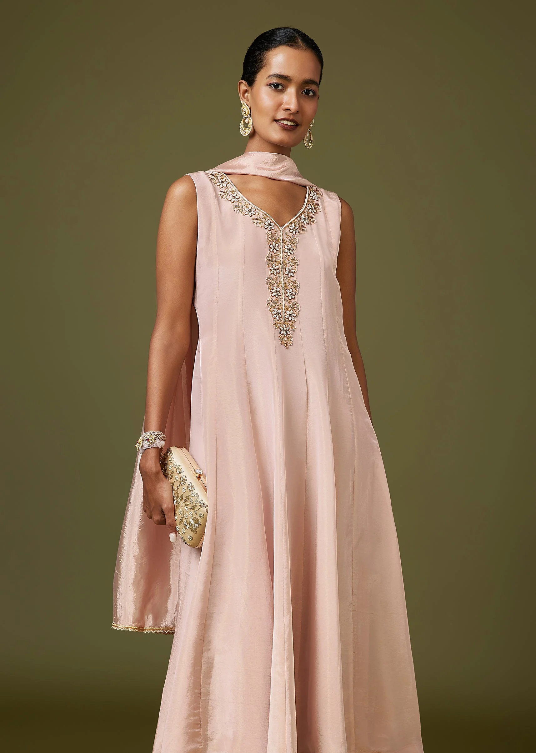Pink Moti Zardozi Tissue Anarkali Pant Set With Dupatta