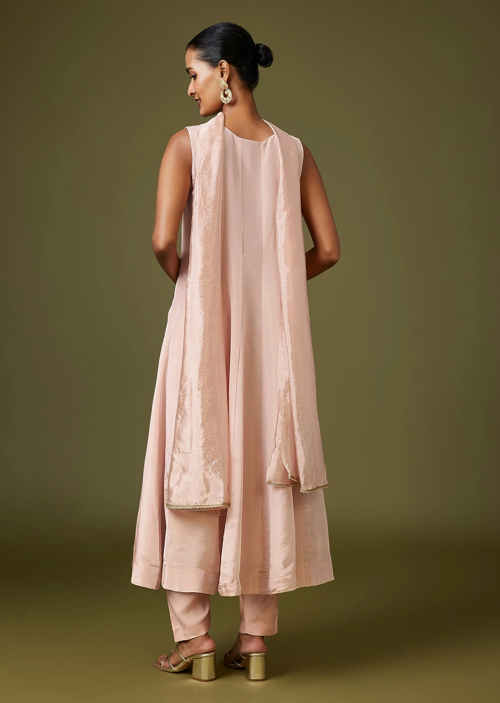 Pink Moti Zardozi Tissue Anarkali Pant Set With Dupatta