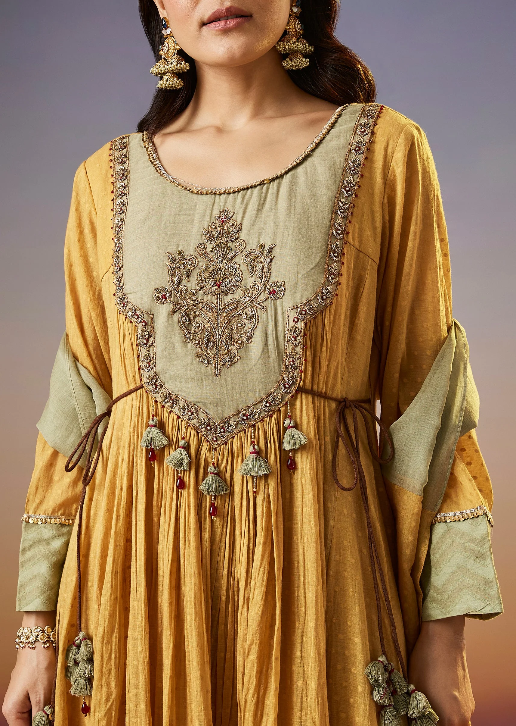 Yellow Zardosi Chanderi Anarkali Set With Dupatta
