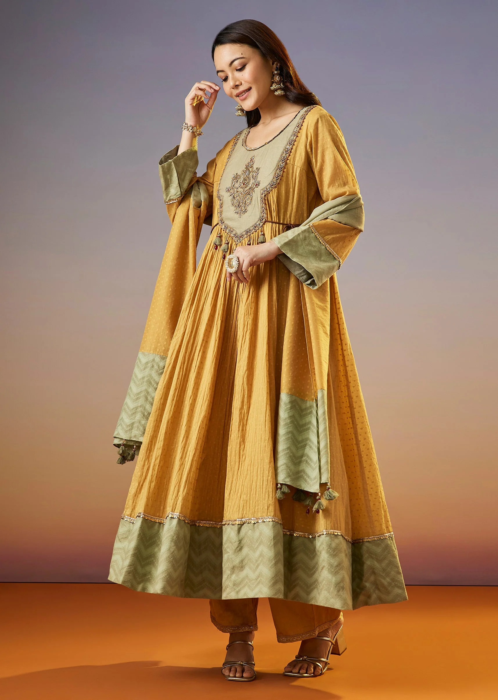 Yellow Zardosi Chanderi Anarkali Set With Dupatta
