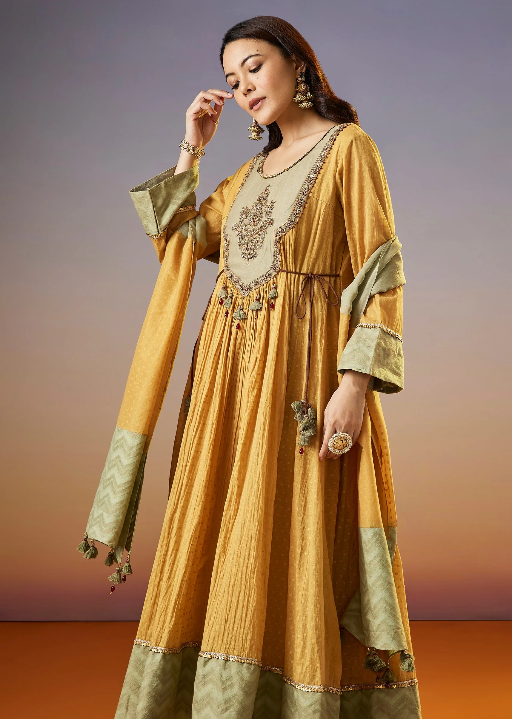 Yellow Zardosi Chanderi Anarkali Set With Dupatta