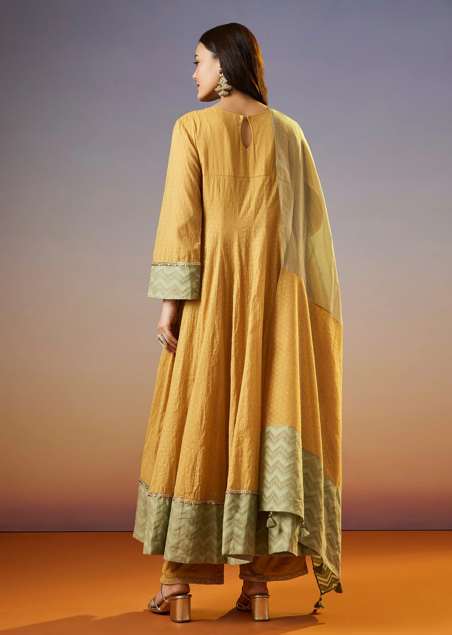 Yellow Zardosi Chanderi Anarkali Set With Dupatta