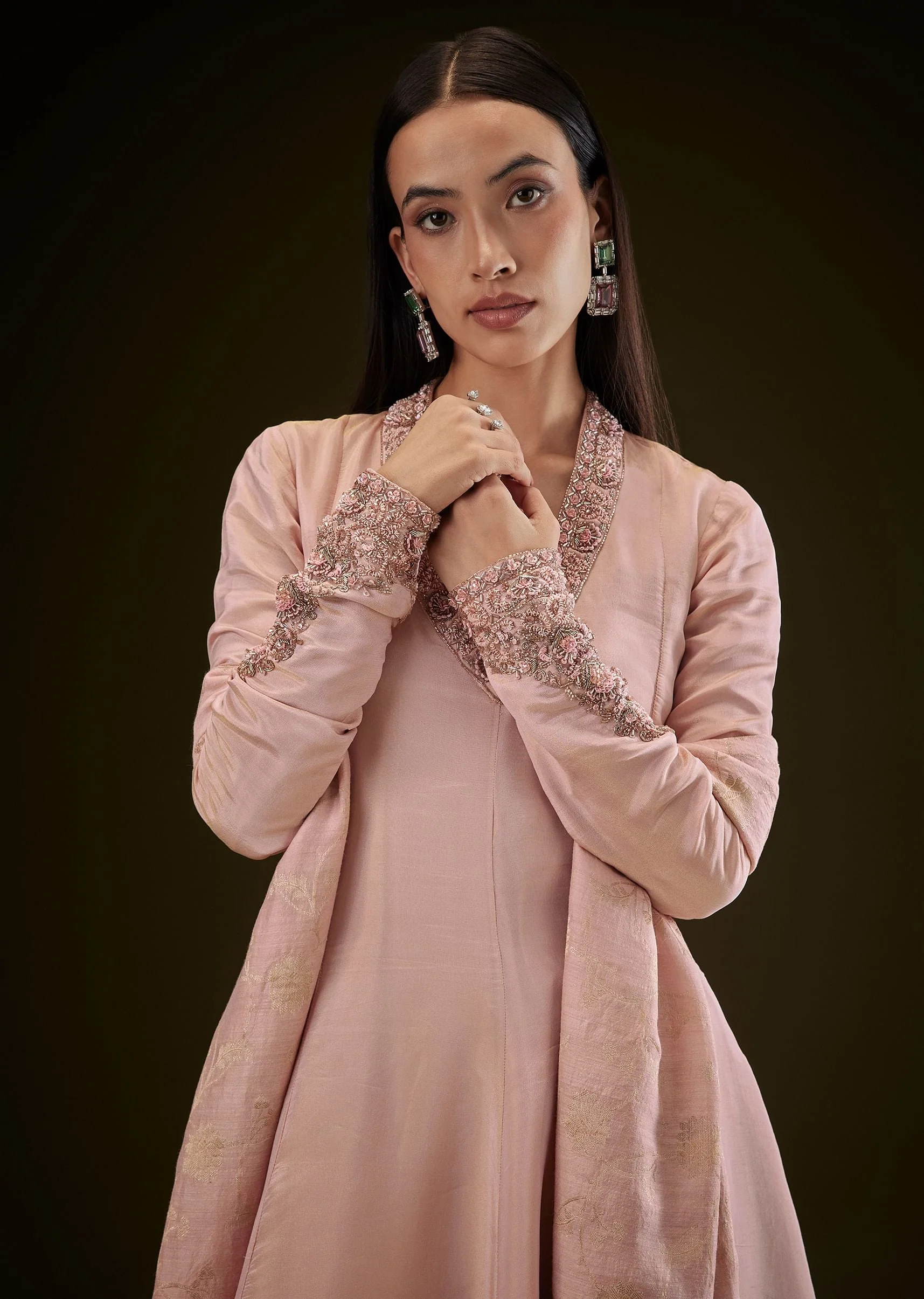 Baby Pink V Neck Anarkali With Printed Dupatta